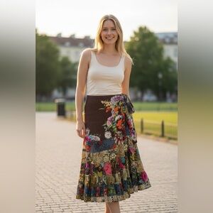 Vintage Etc. Boho Brown Floral Midi Skirt Patchwork Festival Large